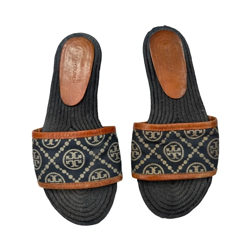 Tory Burch T Monogram‎ Espadrille Slides Size 6 Logo Sandals Navy Tan